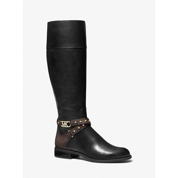 MICHAEL KORS KINCAID LEATHER RIDING BOOTS W LOGO STUDDED STRAPS SZ 7 $375 MSRP - Picture 1 of 6